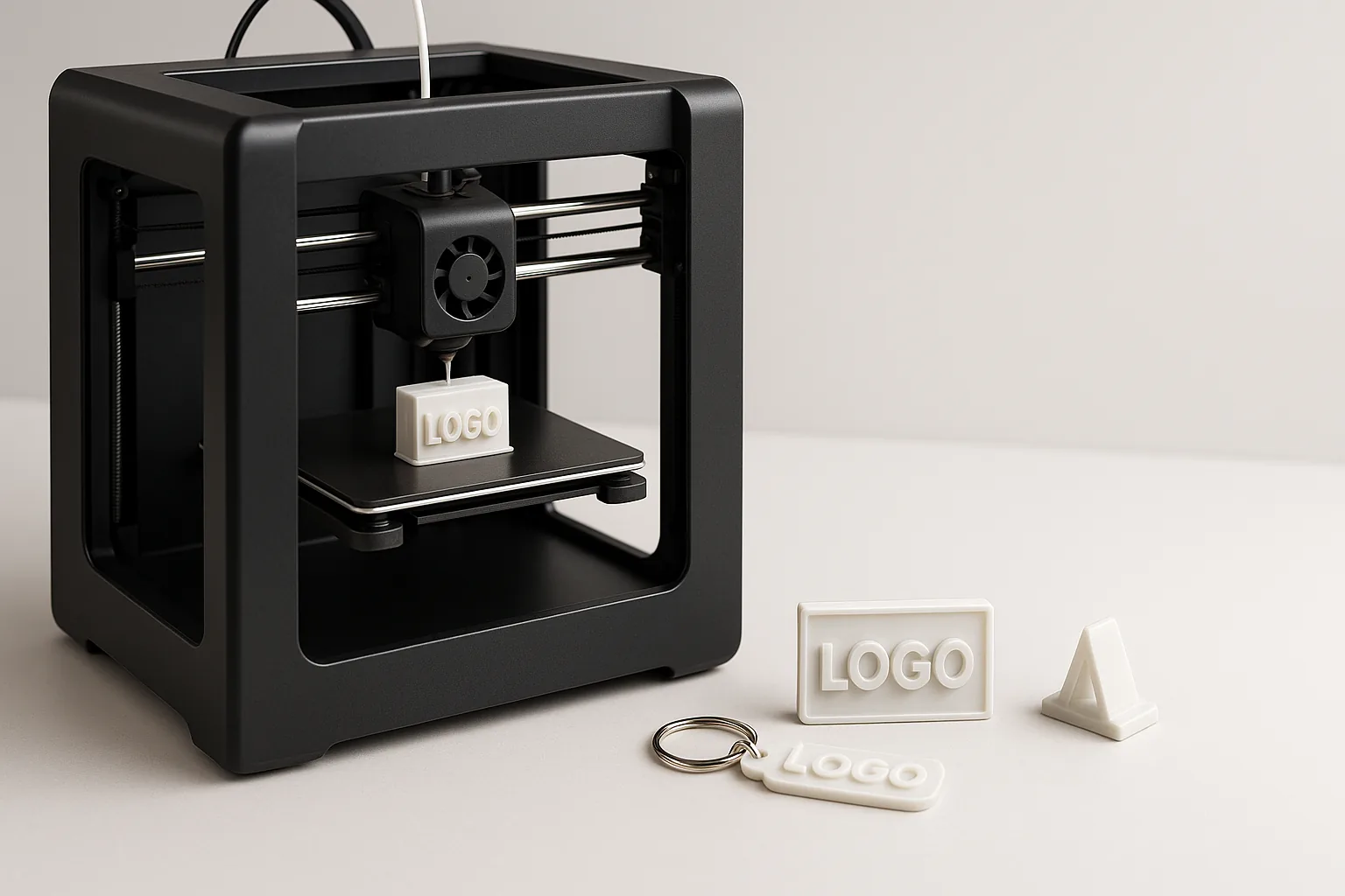 Custom 3D printing in Doral — a 3D printer with finished branded products