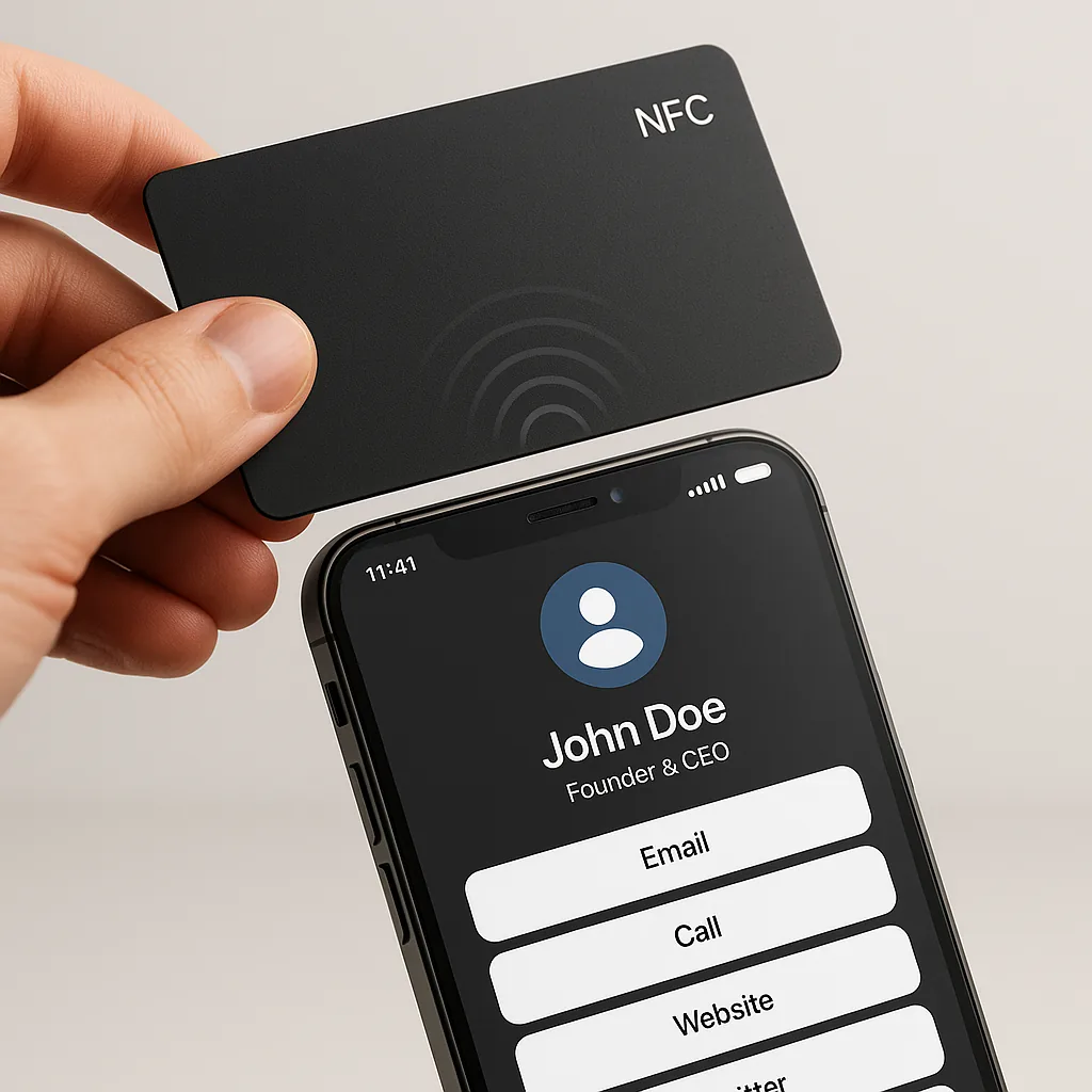 NFC smart business card being tapped to a phone