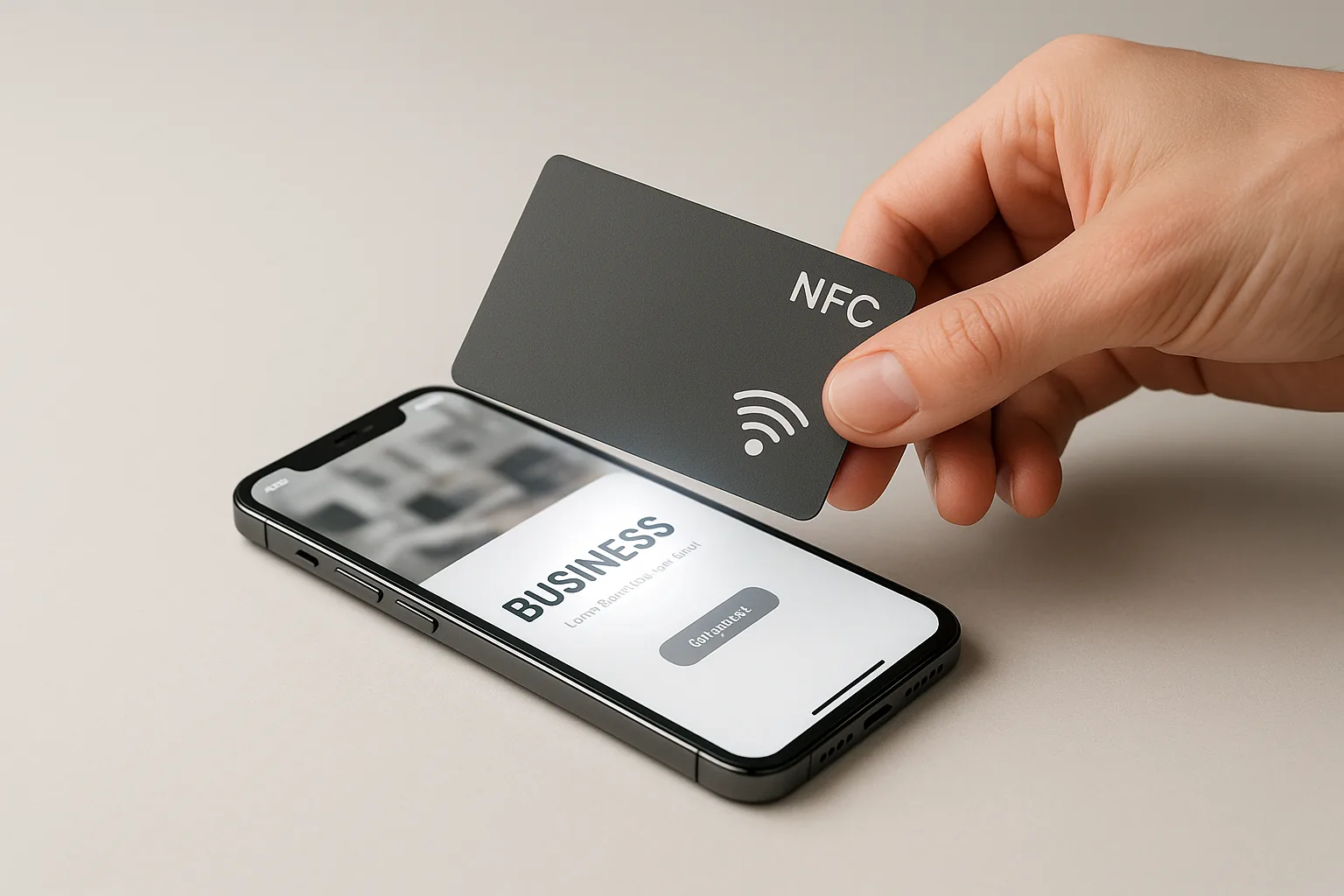Tapping an NFC business card to a phone to open a business page