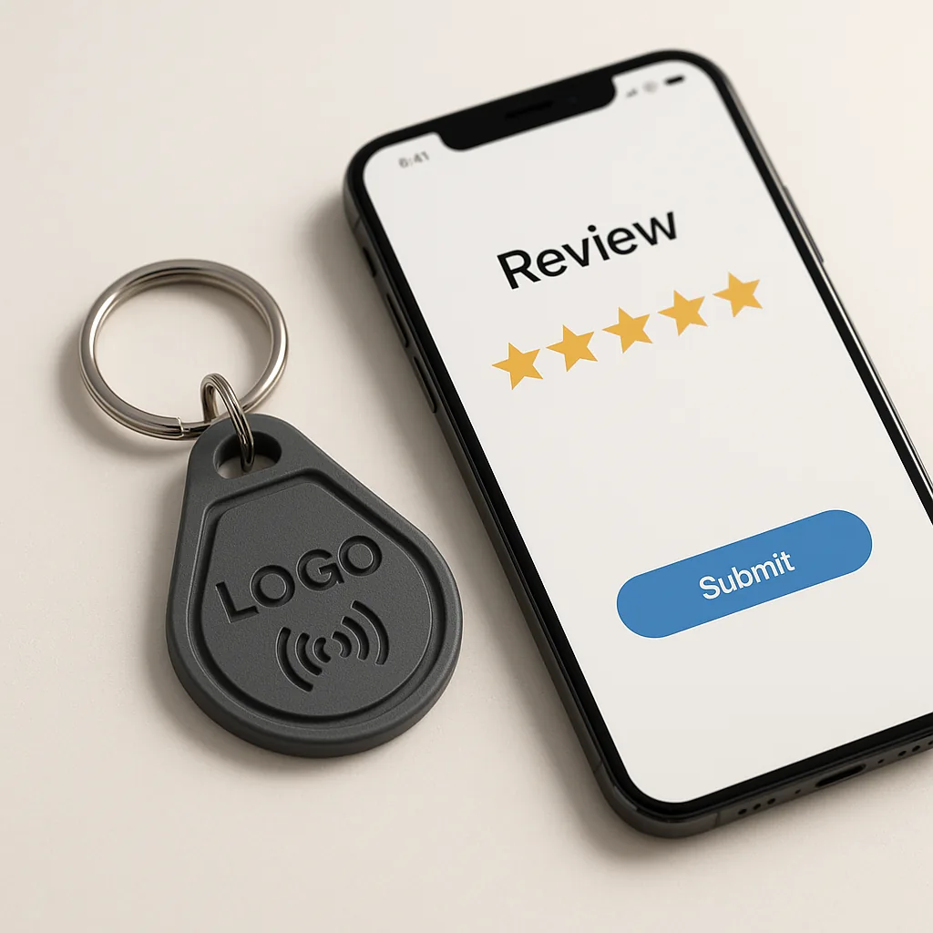 3D-printed NFC keychain opening a Google reviews page
