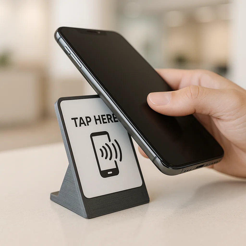 3D-printed NFC review stand for a counter