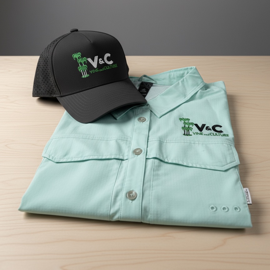 Custom embroidery services — logo stitching on shirts and caps