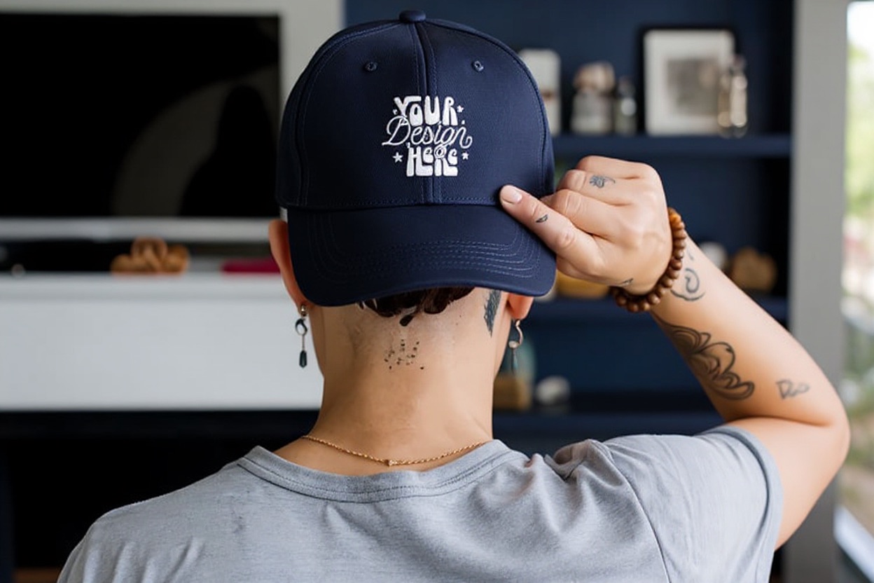 Custom embroidered navy cap with white stitched design