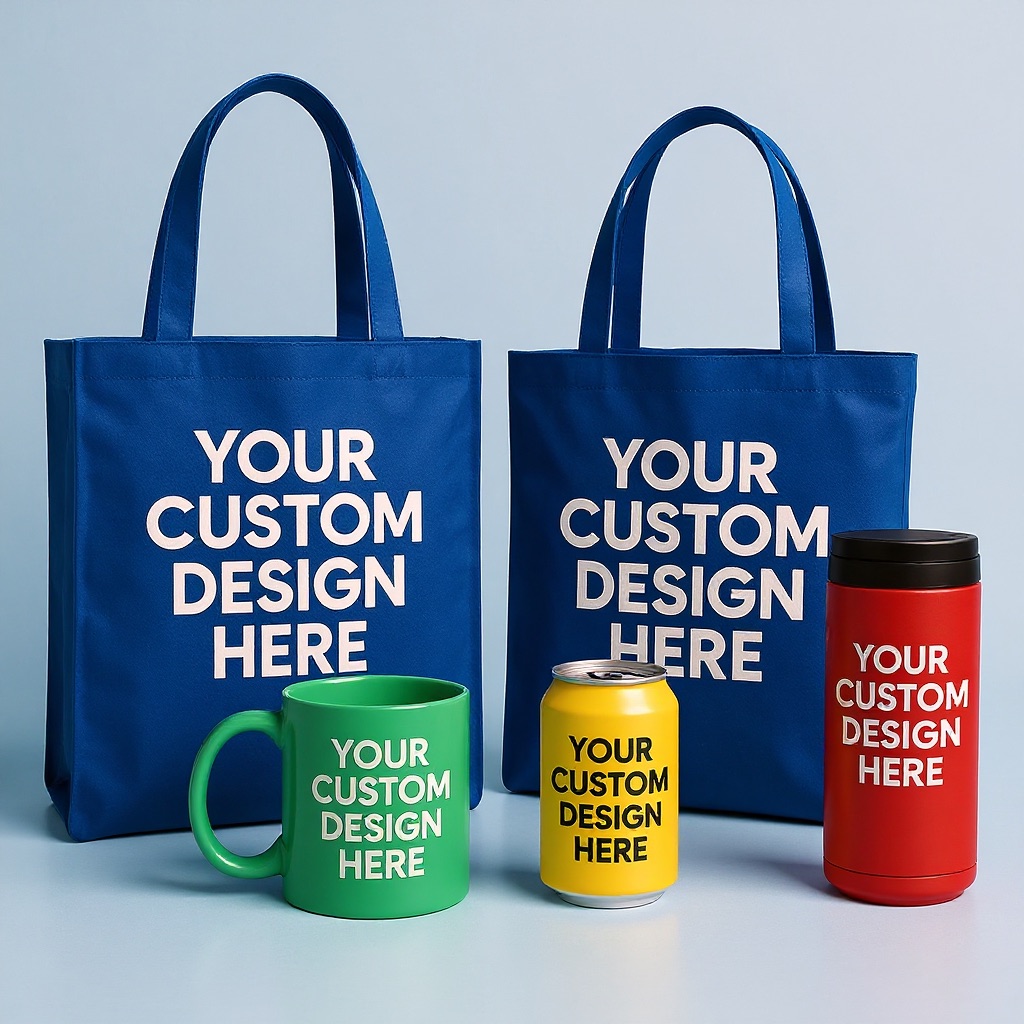 Custom marketing products — printed mugs, bags and promo items