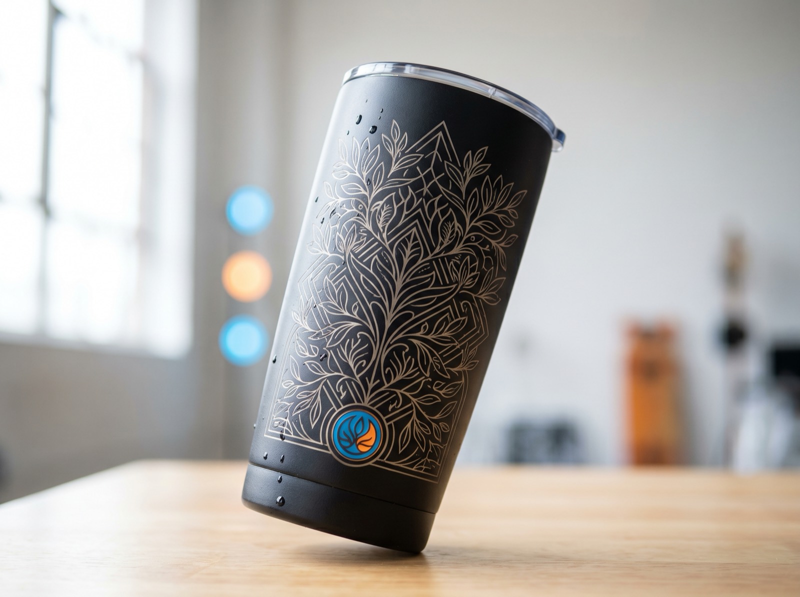 Matte black tumbler with an intricate full-wrap botanical design laser-engraved by Doral Embroidery
