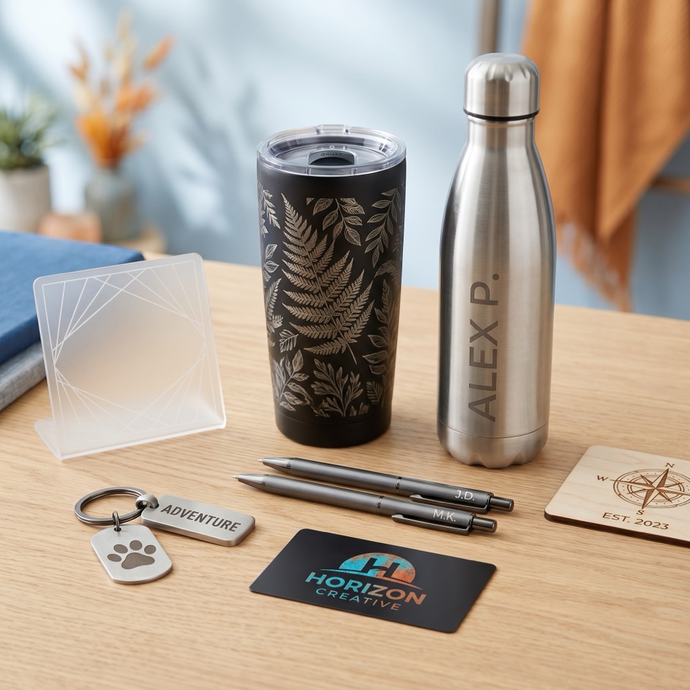 A variety of custom laser-engraved products: tumbler, water bottle, pens, keychain, metal card, wood plaque and acrylic sign