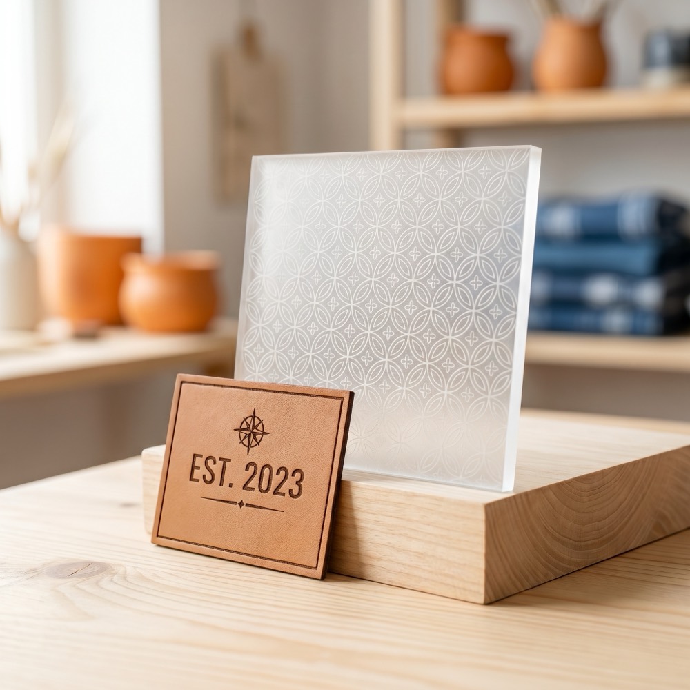 Laser-engraved leather patch and frosted acrylic sign