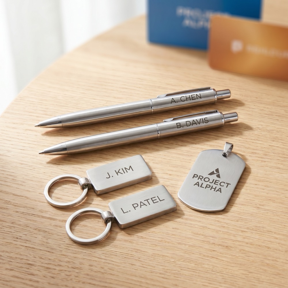 Engraved metal pens, keychains and dog tags for personalized gifts