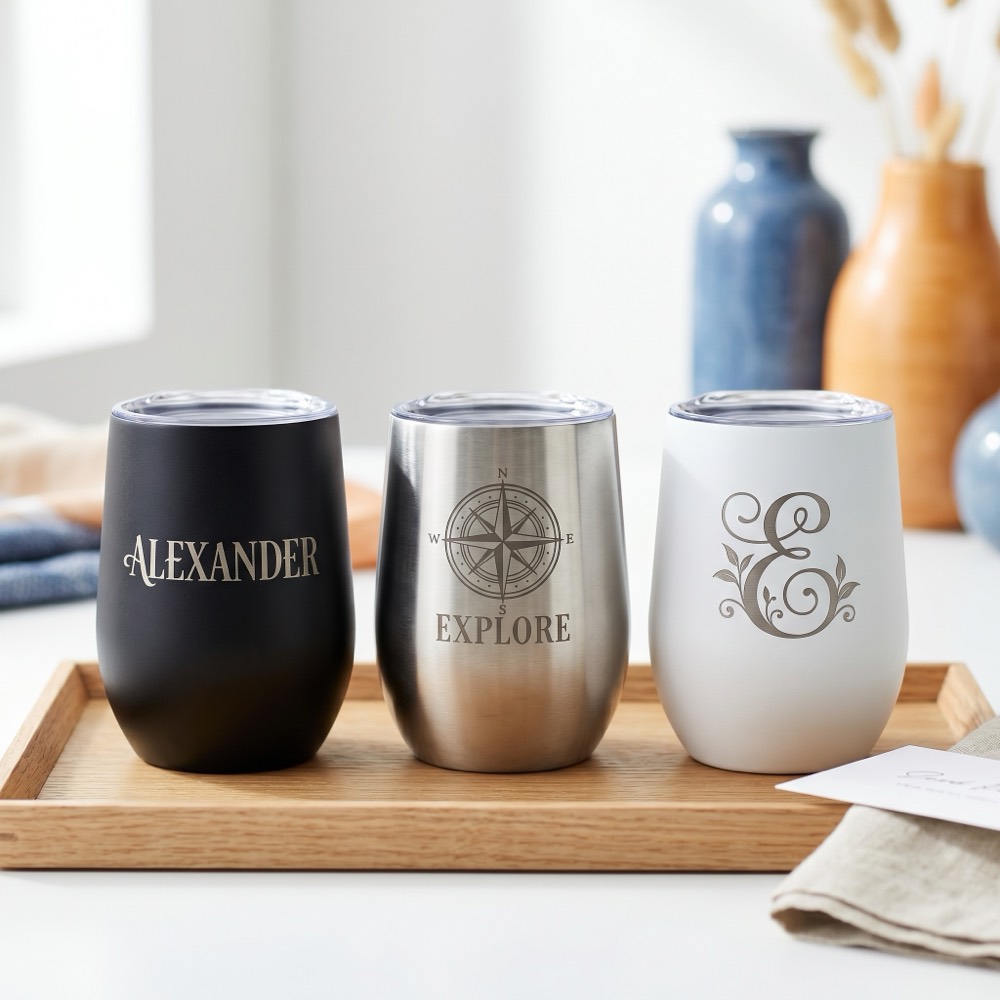Custom personalized tumblers laser-engraved with names and monograms